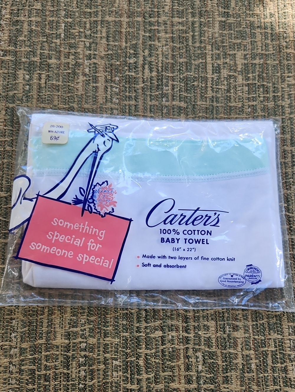 Carter's White Baby Towel with Light Aqua Trim Vintage 100% Cotton 16" X 22" New